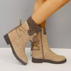 Tan Faux Leather Sock Lined Ankle Boot w/Lace Strap Accents Size 9.5